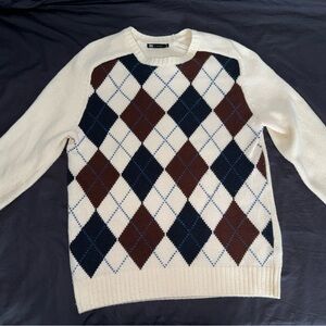 Simons Cream and Brown Argyle Crewneck Sweater